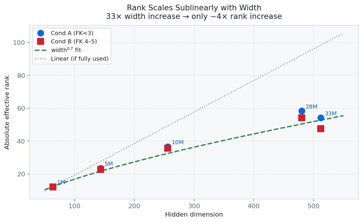 Rank scales sublinearly with width